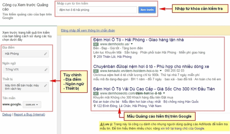 Cách kiểm tra hiển thị quảng cáo Google Adwords - Vinaweb