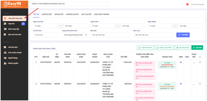 Hướng dẫn sử dụng hệ thống quản lý hóa đơn đầu vào Easyin