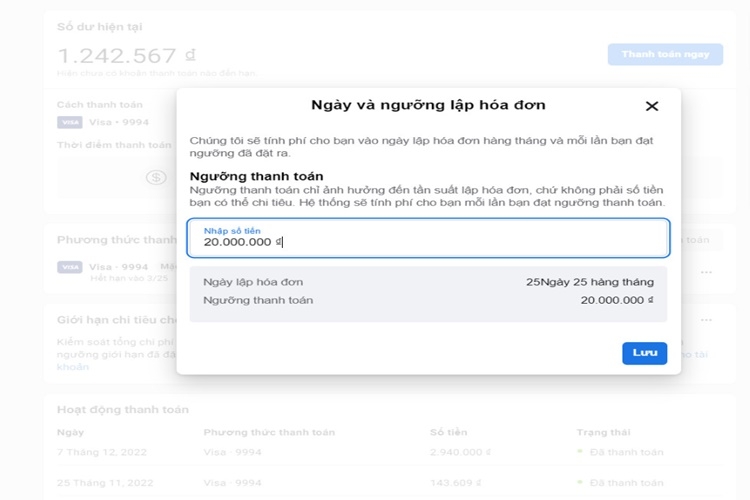 Ngưỡng thanh toán Facebook là bao nhiêu và cách xin nâng ngưỡng